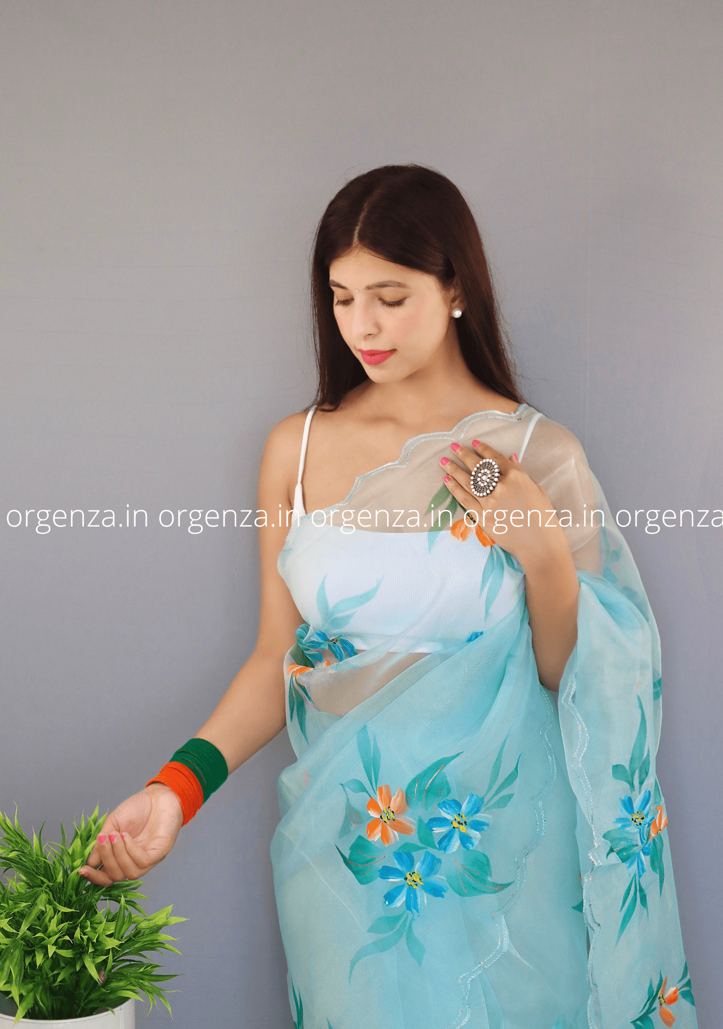 Sky Blue Organza Saree With Hand Print - Orgenza Store