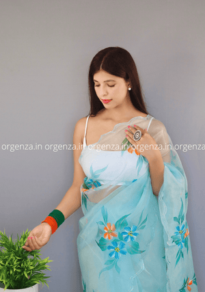 Sky Blue Organza Saree With Hand Print - Orgenza Store - digisoch