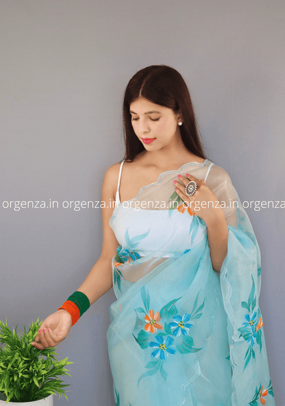 Sky Blue Organza Saree With Hand Print - Orgenza Store