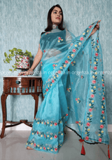Blue Colour Organza Saree With Embroidery - Orgenza Store