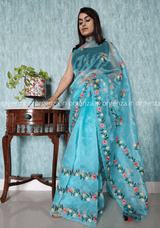 Blue Colour Organza Saree With Embroidery - Orgenza Store