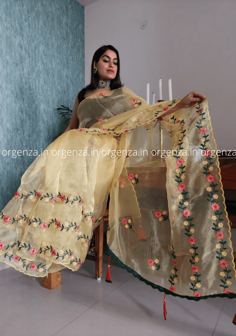 Light Yellow Organza Saree With Blouse - Orgenza Store