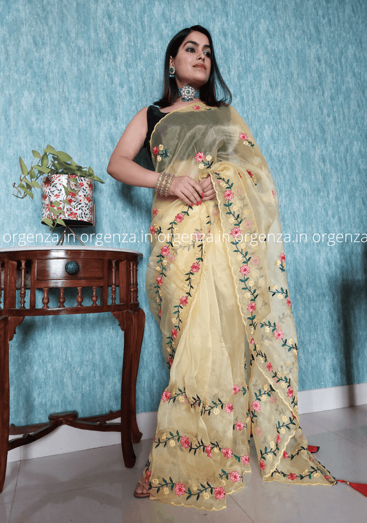 Light Yellow Organza Saree With Blouse - Orgenza Store