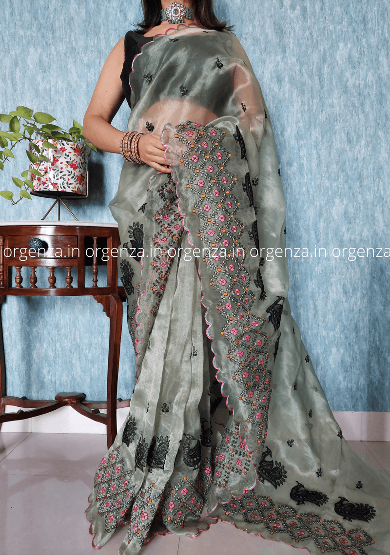 Green Colour Organza Saree With Blouse - Orgenza Store
