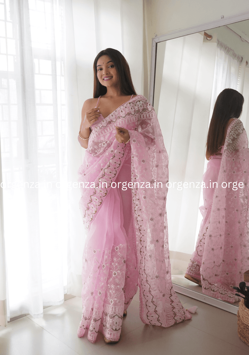 Baby Pink Colour Organza Saree With Embroidert Work - Orgenza Store