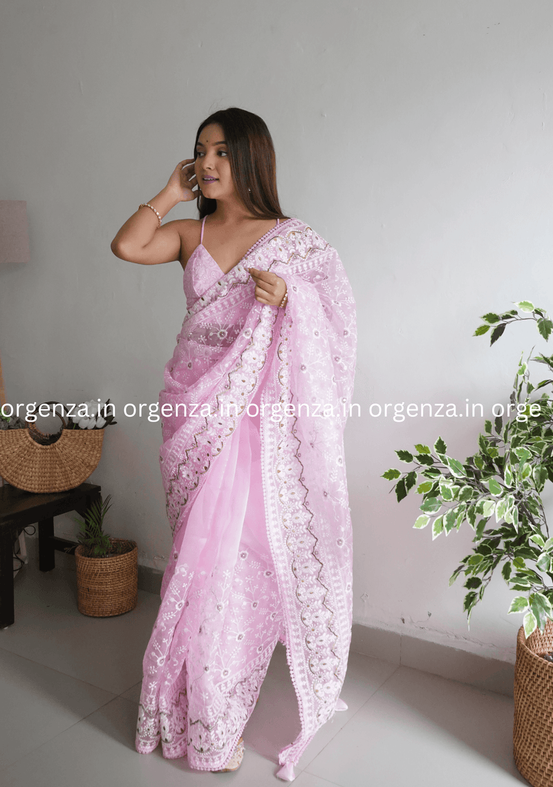 Baby Pink Colour Organza Saree With Embroidert Work - Orgenza Store