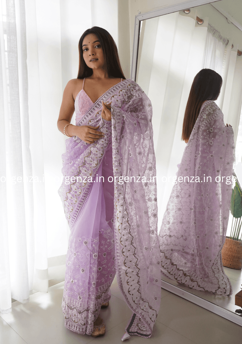 Soft Purple Organza Saree With Embroidery - Orgenza Store