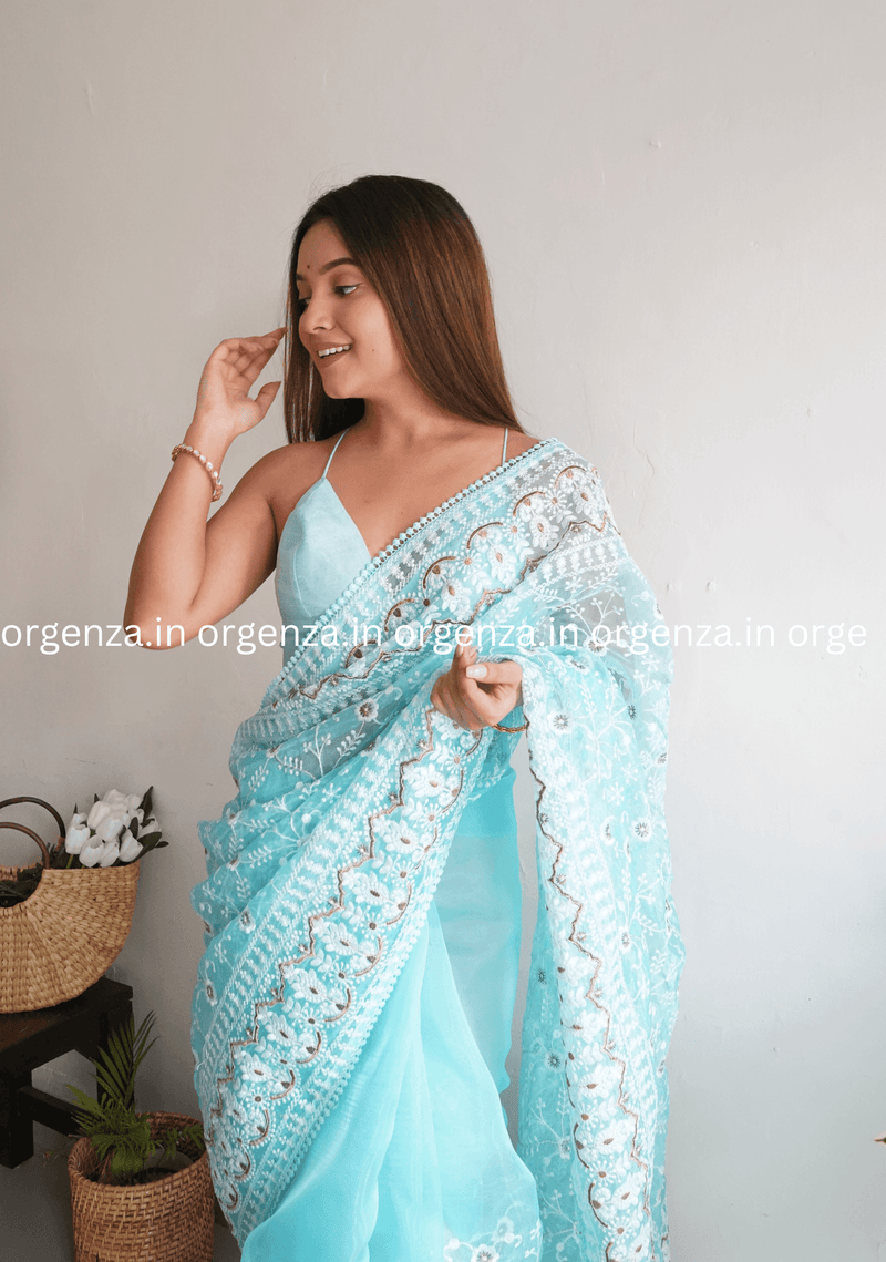 Sky Blue Organza Saree With Embroidery - Orgenza Store