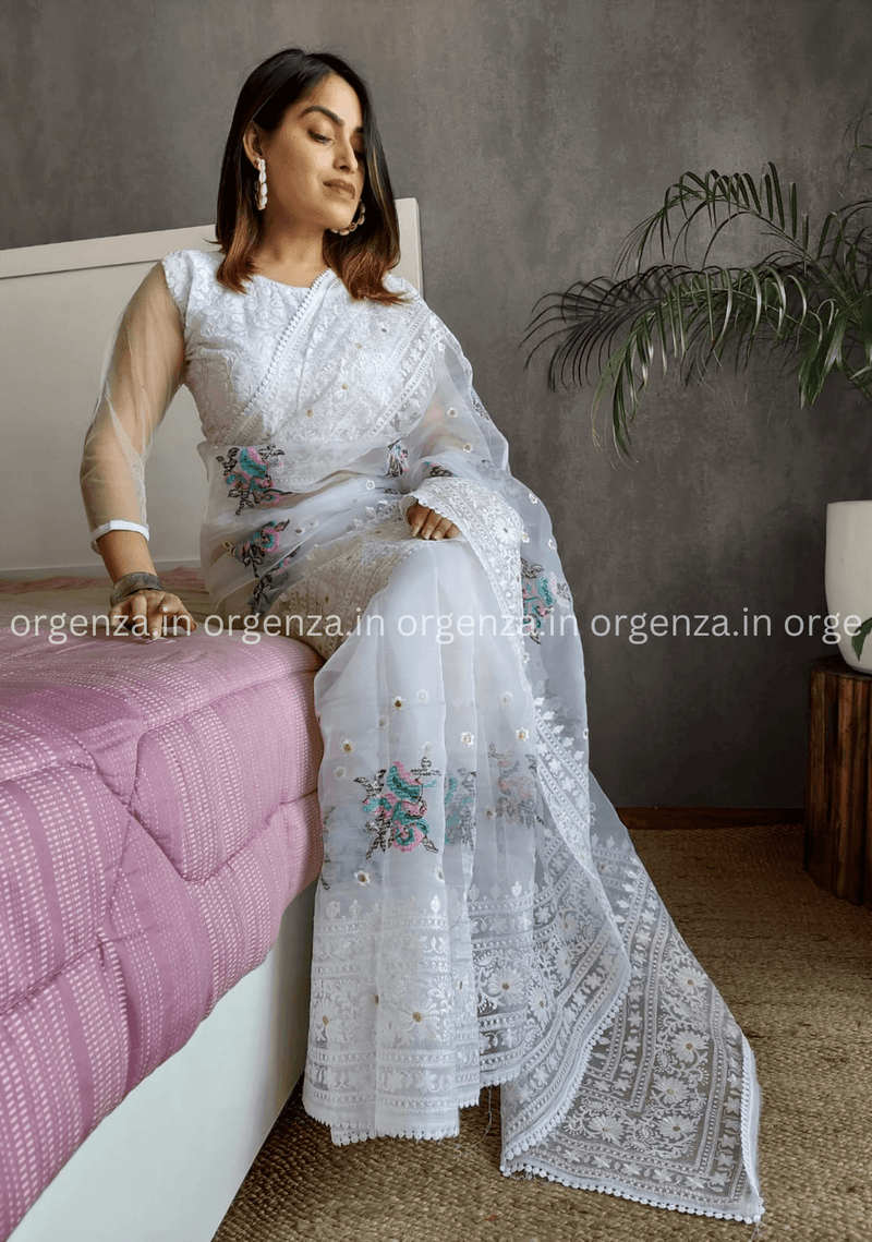 White Color Organza saree With Floral Embroidery Work - Orgenza Store