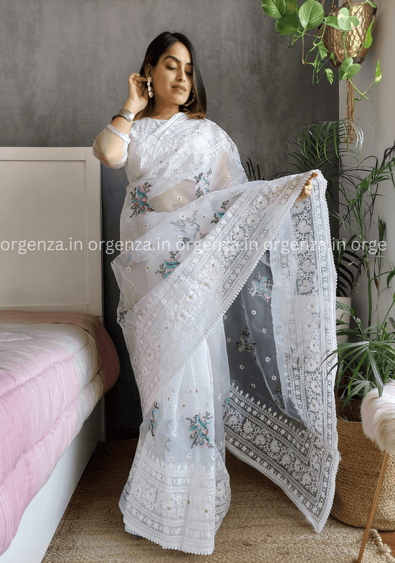 White Color Organza saree With Floral Embroidery Work - Orgenza Store