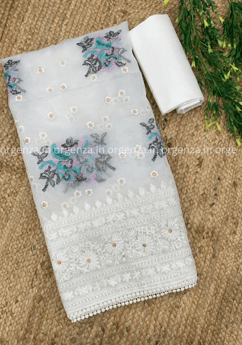 White Color Organza saree With Floral Embroidery Work - Orgenza Store