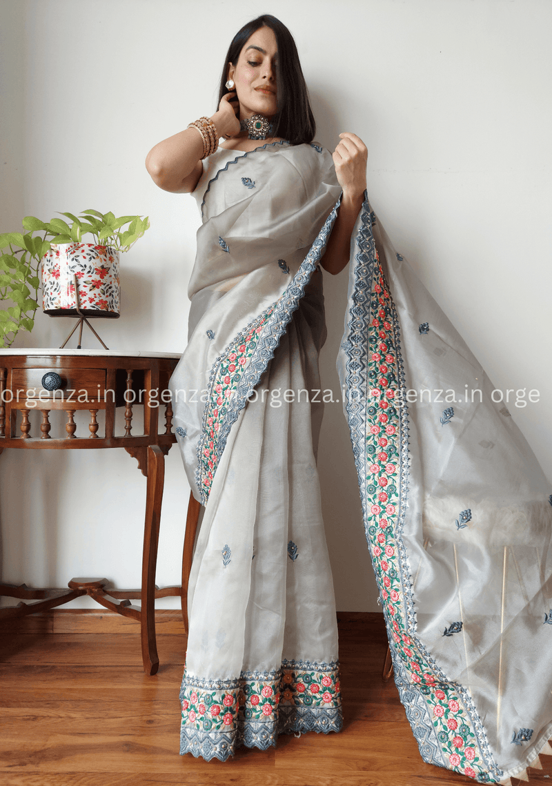 Grey Colour Organza Saree With Embroidery Work - Orgenza Store
