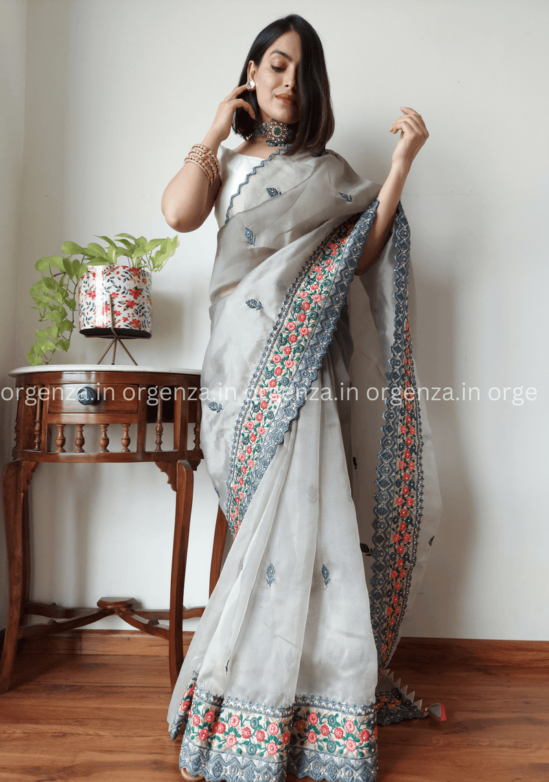 Grey Colour Organza Saree With Embroidery Work - Orgenza Store