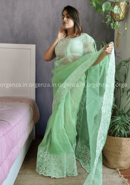 Green Colour Organza Saree With Blouse - Orgenza Store