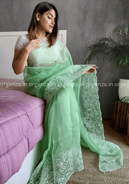 Green Colour Organza Saree With Blouse - Orgenza Store
