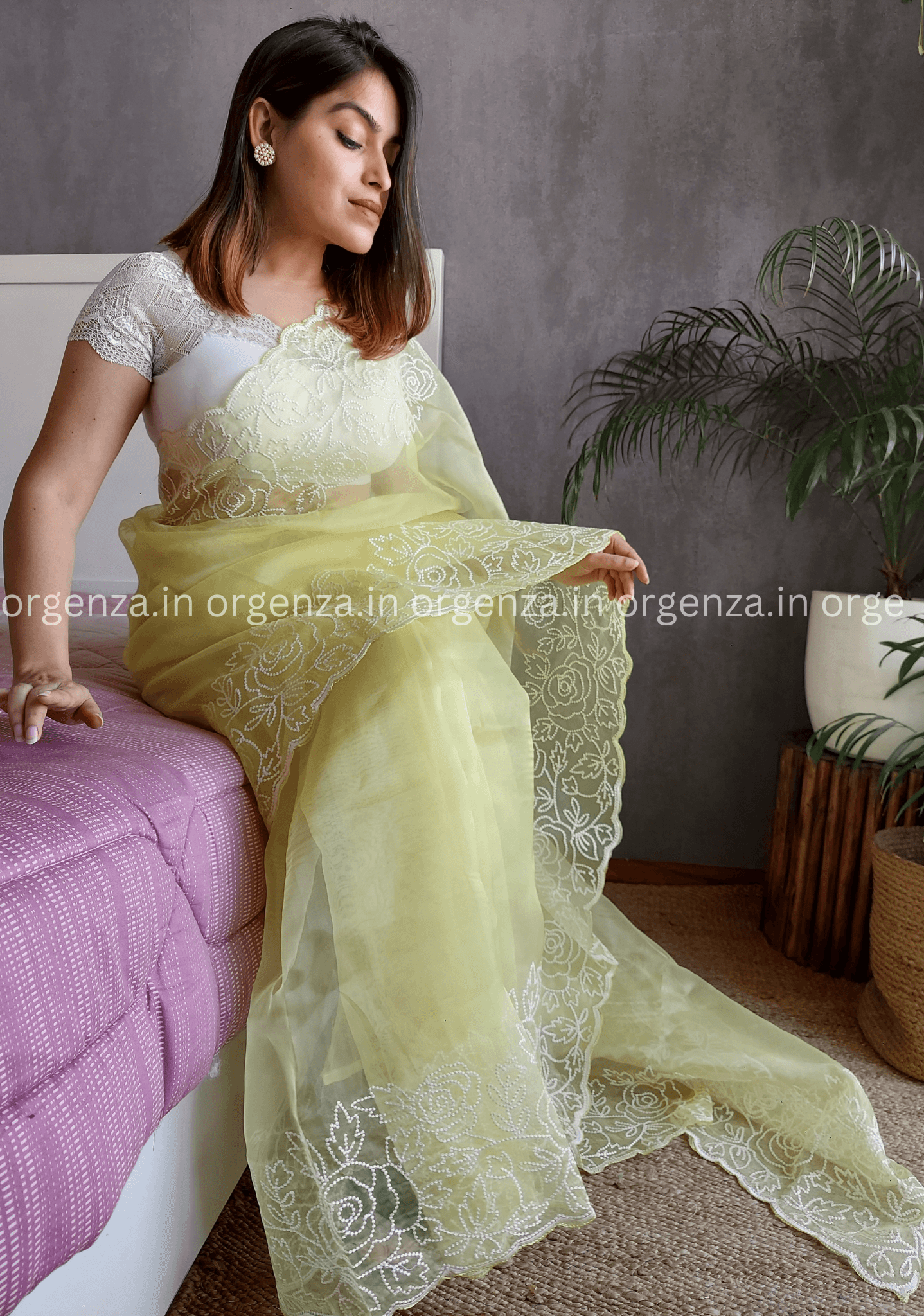 Yellow Colour Organza Saree With Floral Work - Orgenza Store
