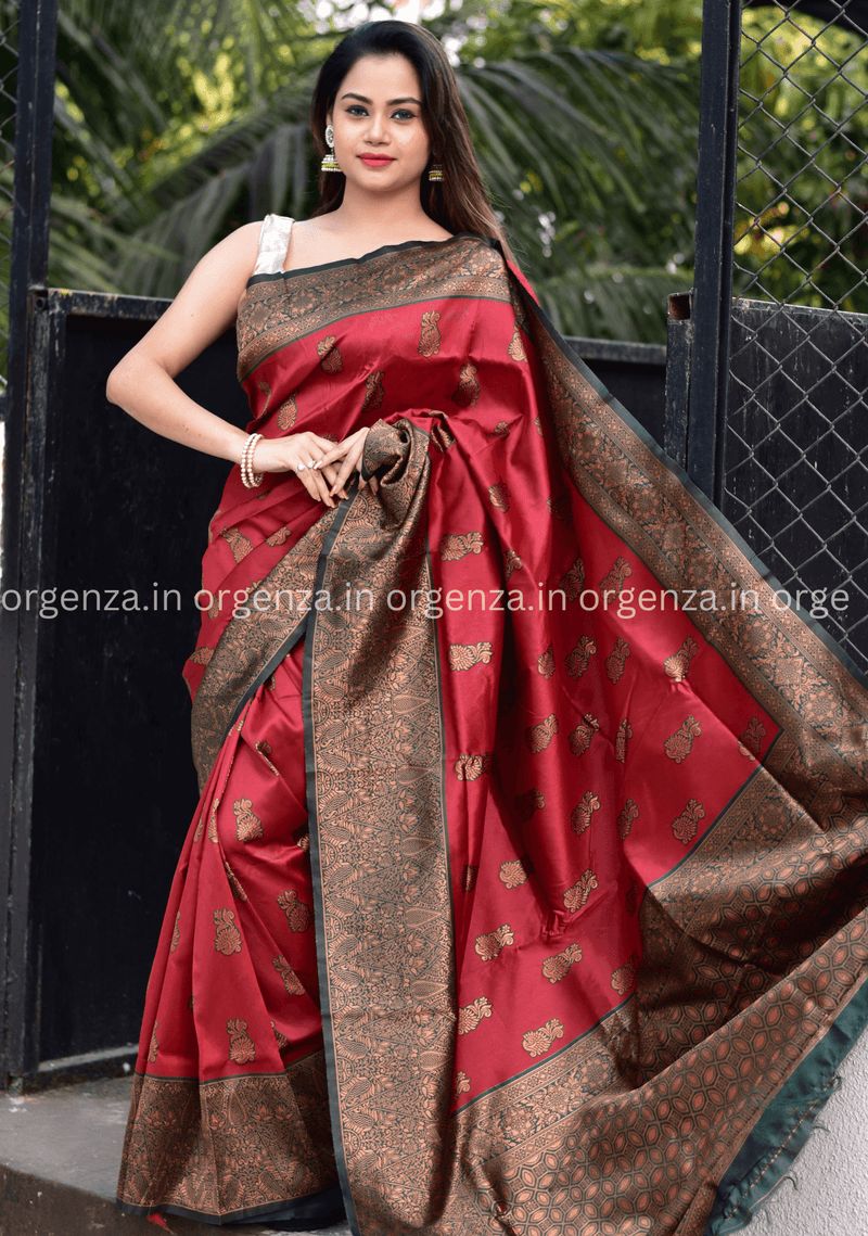 Maroon Colour Silk Saree With Copper Zari Weaving - Orgenza Store