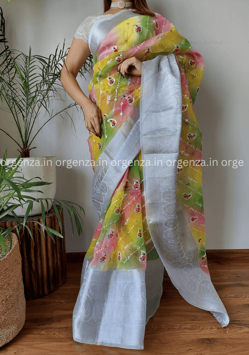 Silver Weaving Organza Saree With Embroidery Work - Orgenza Store