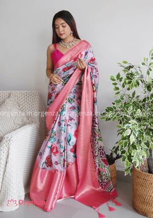 Pure Lichi Silk Banarashi Silk With Weaving Border - Orgenza Store