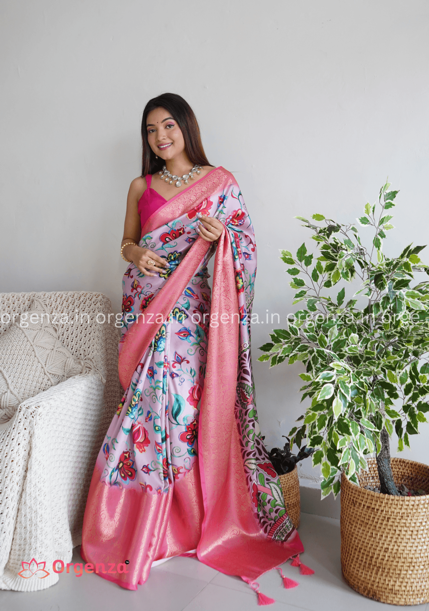 Pure Lichi Silk Banarashi Silk With Weaving Border - Orgenza Store