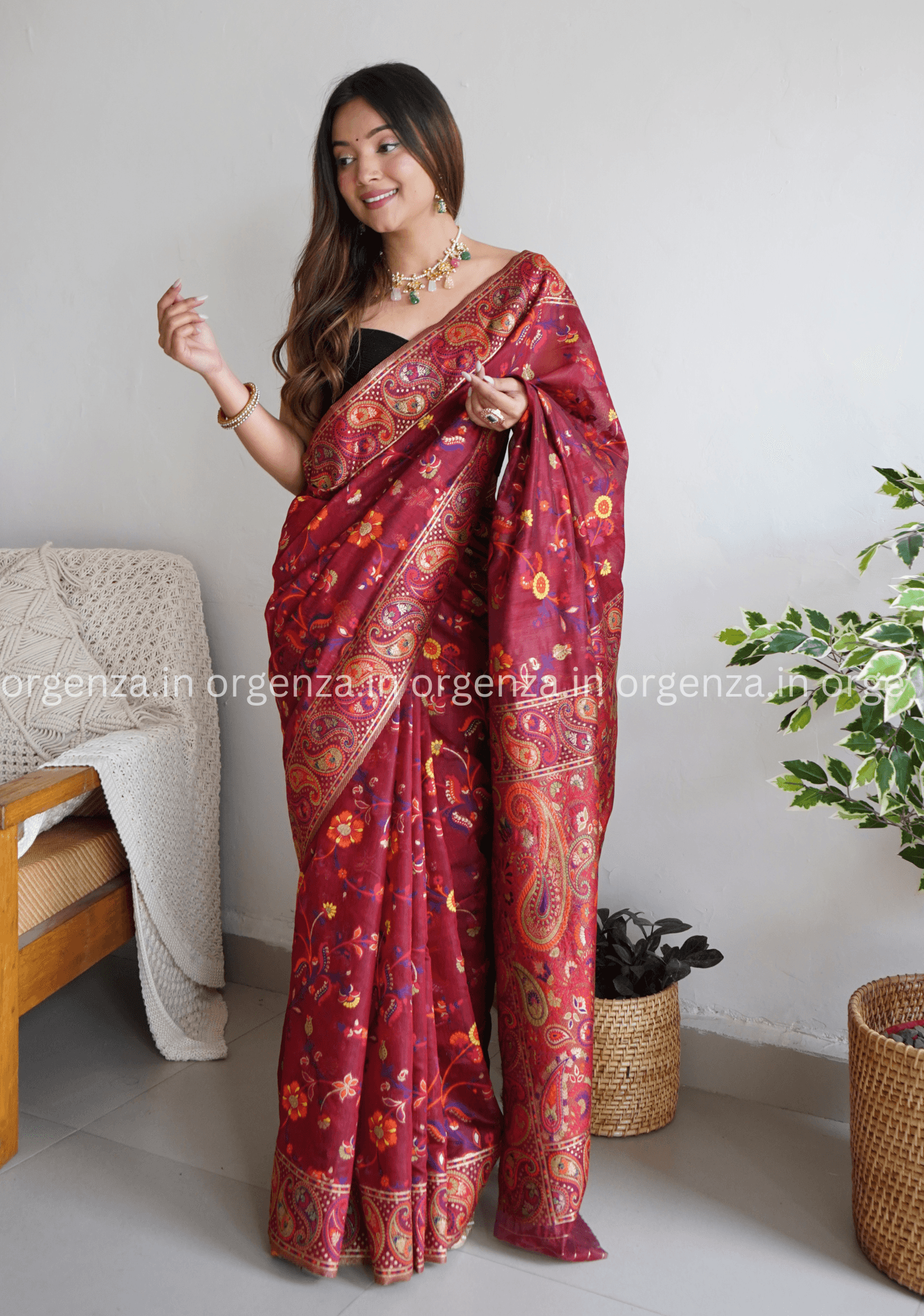 Pure Pashmina Kachi Weaving Kashmiri Silk Saree - Orgenza Store
