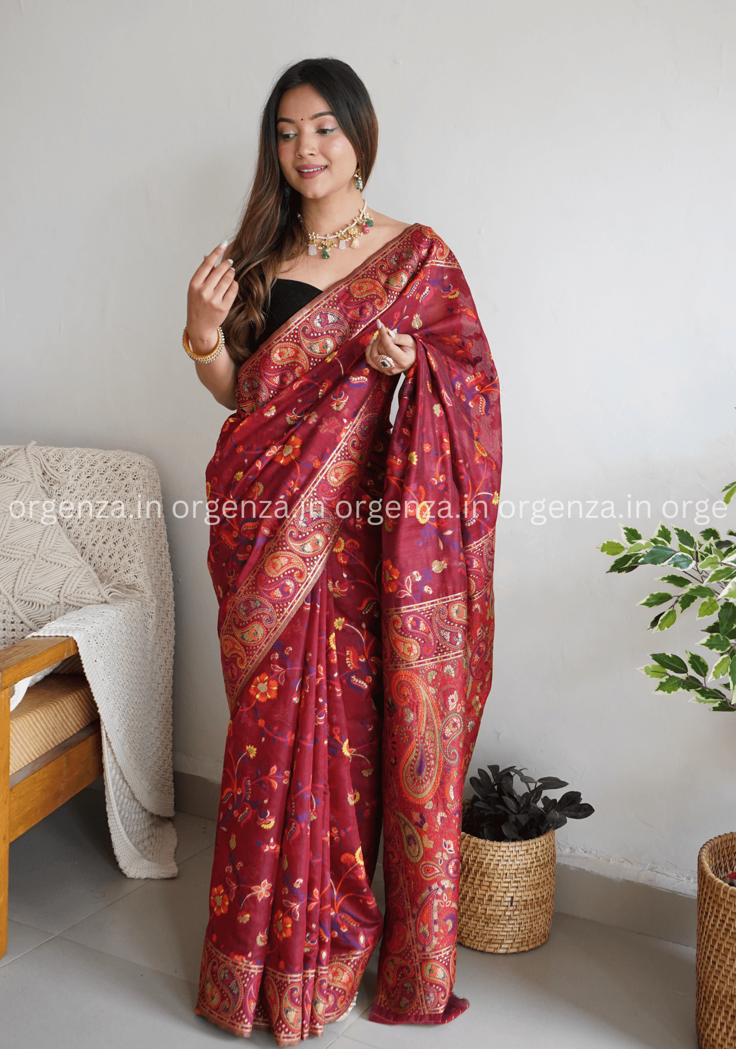 Pure Pashmina Kachi Weaving Kashmiri Silk Saree - Orgenza Store