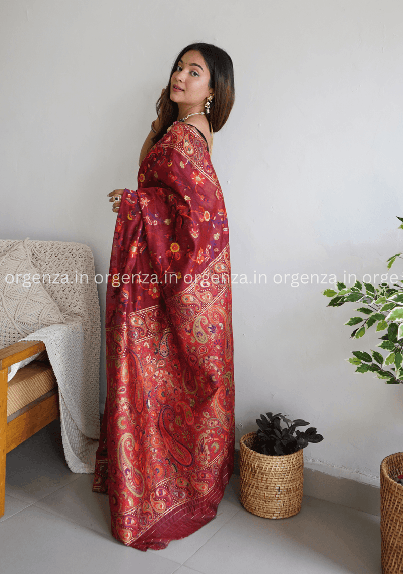 Pure Pashmina Kachi Weaving Kashmiri Silk Saree - Orgenza Store