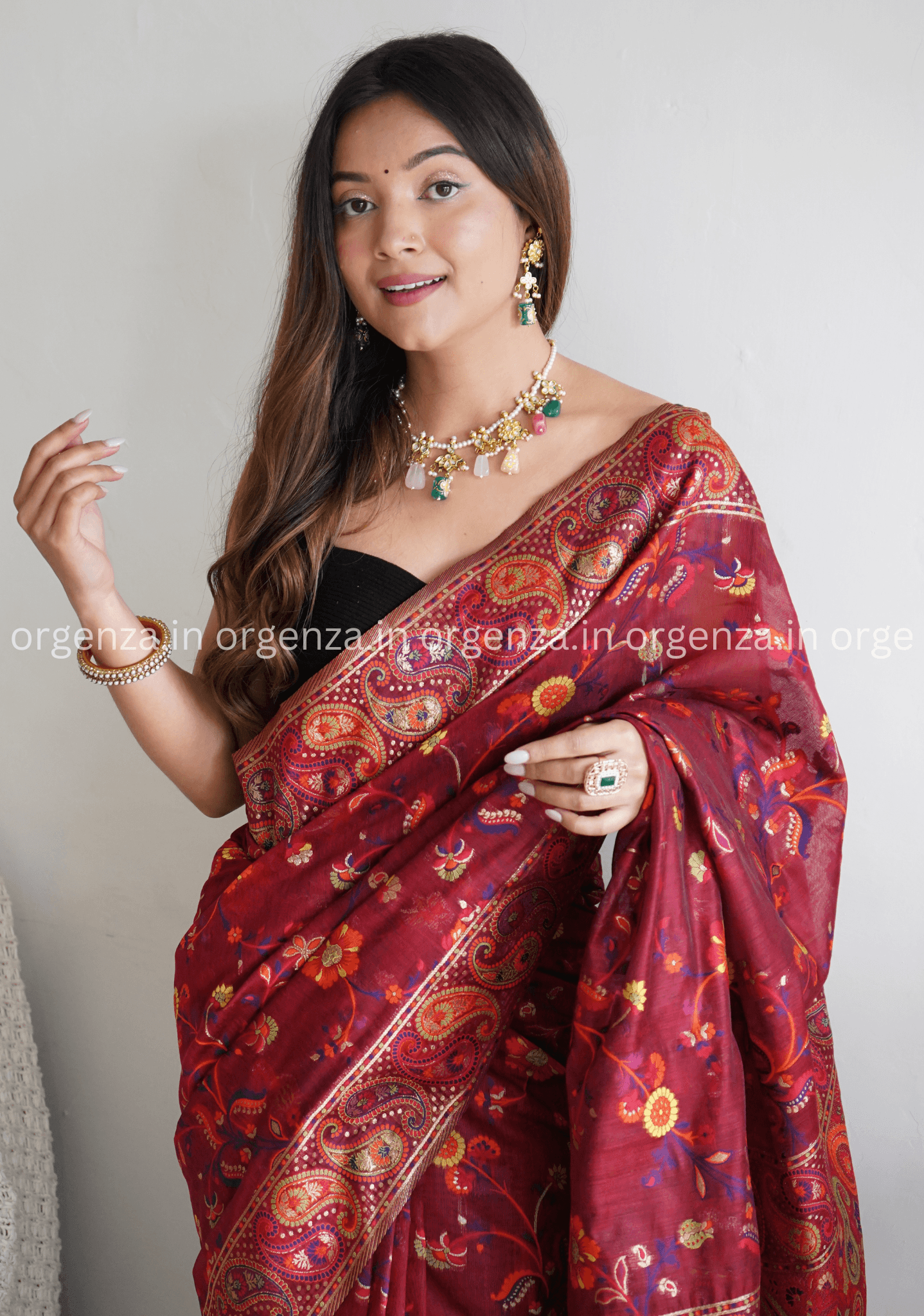 Pure Pashmina Kachi Weaving Kashmiri Silk Saree - Orgenza Store