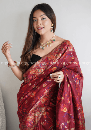 Pure Pashmina Kachi Weaving Kashmiri Silk Saree - Orgenza Store