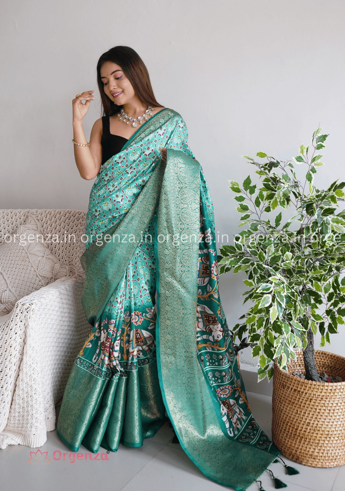 Pure Banarashi Lichi Silk Saree with Zari Border - Orgenza Store