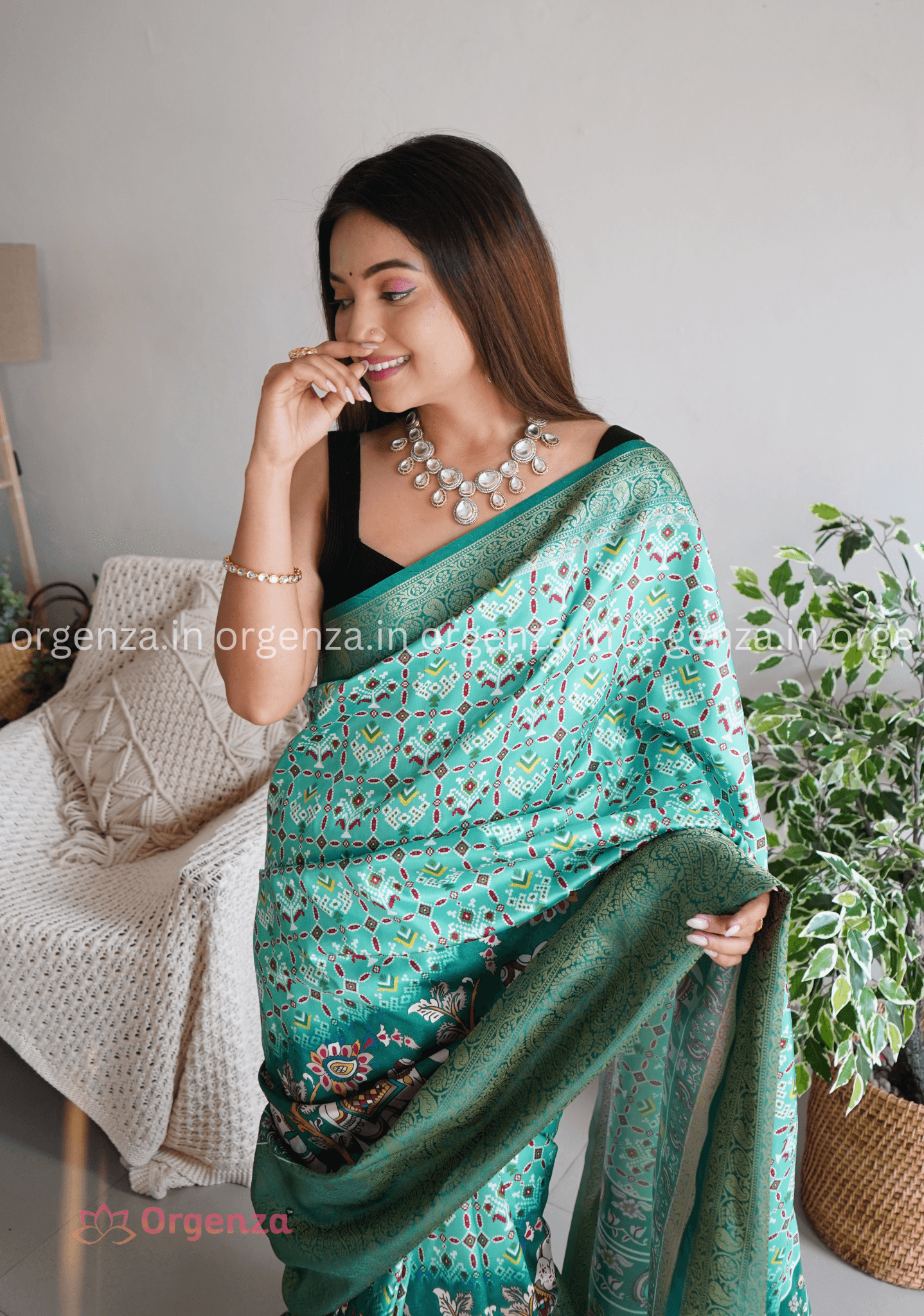 Pure Banarashi Lichi Silk Saree with Zari Border - Orgenza Store