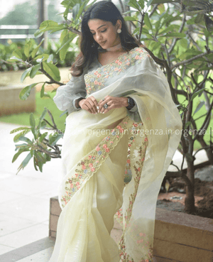 Pure Organza Silk Saree With Floral Handwork - Orgenza Store