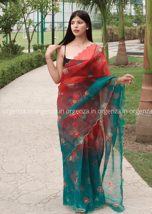 Red And Rama Organza Multi Colour With Readymade Blouse - Orgenza Store