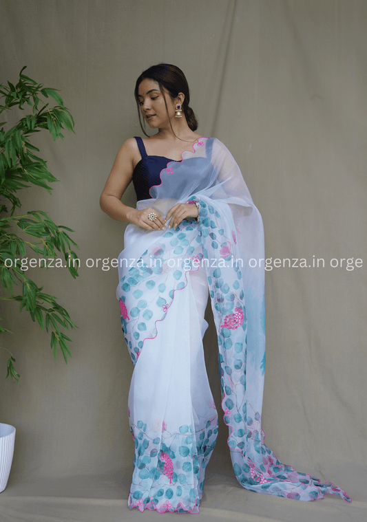 Multi Colour Floral Organza Saree With Gotta Work - Orgenza Store