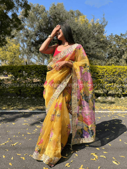 Yellow Organza Saree With Gotta Patti Border - Orgenza Store