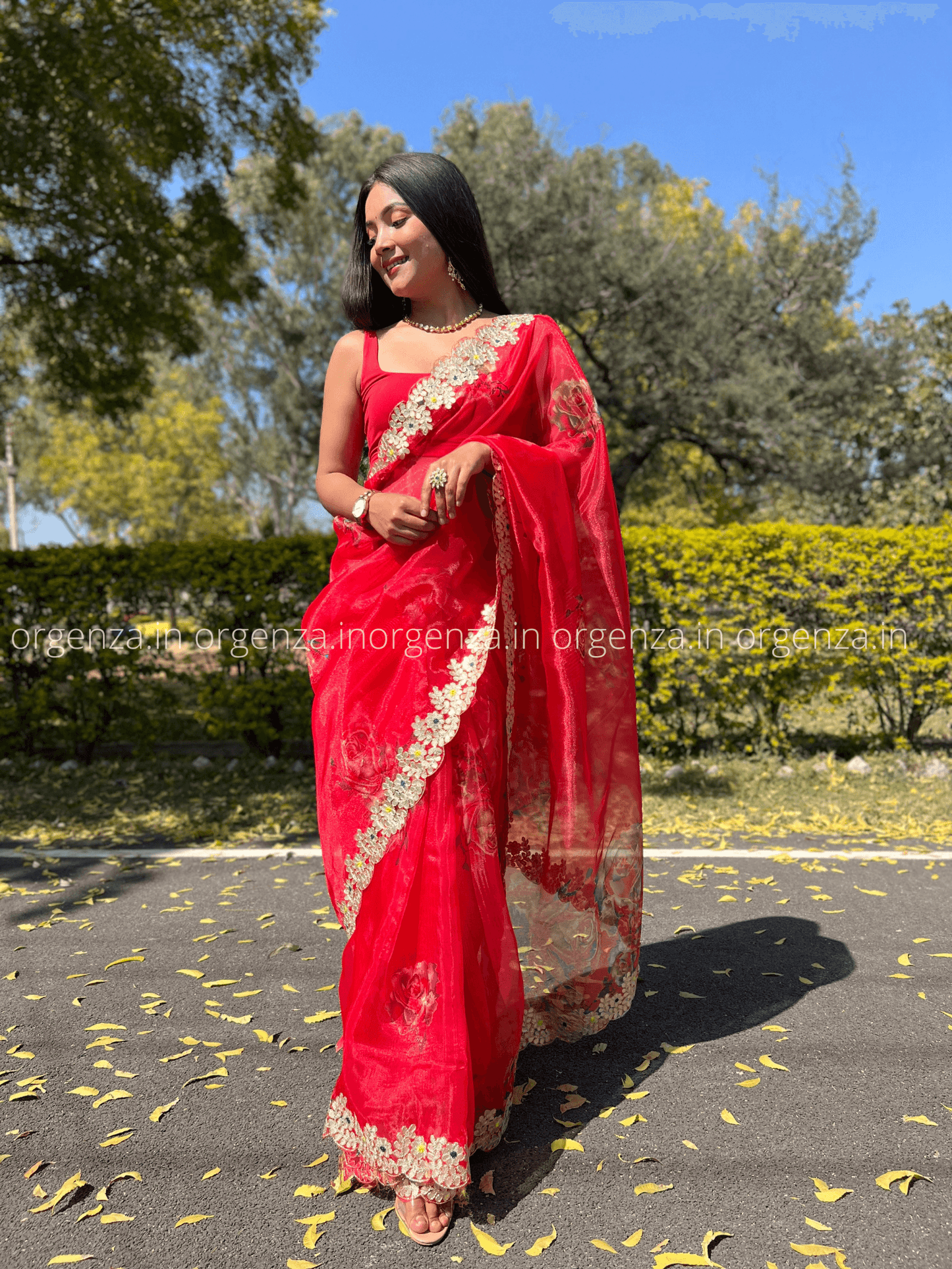 Red Organza With Gota Patti Border - Orgenza Store