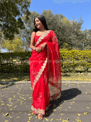 Red Organza With Gota Patti Border - Orgenza Store