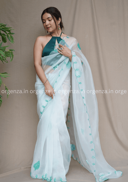 White Colour Organza Saree With Gotta Aari Work - Orgenza Store
