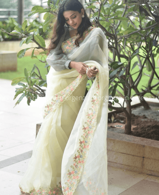 Pure Organza Silk Saree With Floral Handwork - Orgenza Store