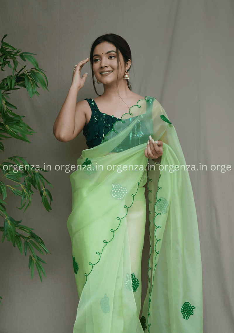 Green Colour Organza Saree With Apple Gotta Work - Orgenza Store