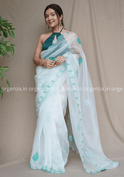 White Colour Organza Saree With Gotta Aari Work - Orgenza Store