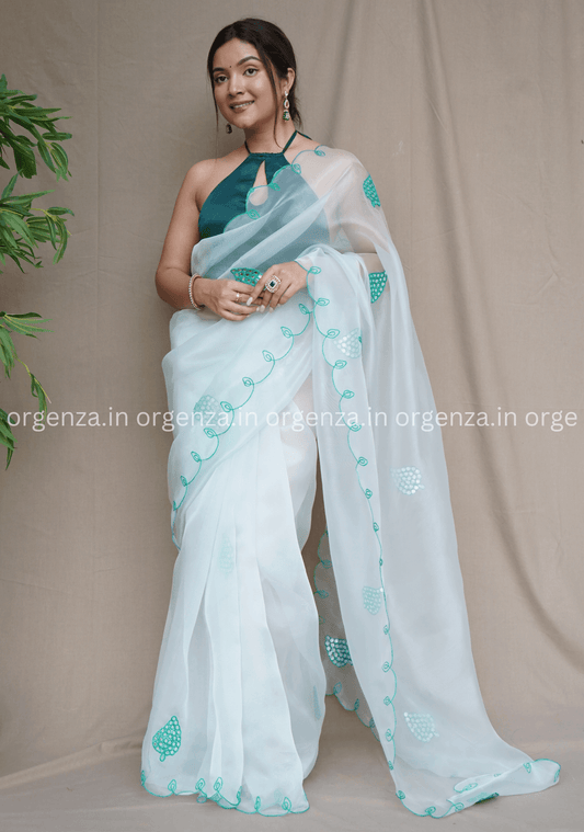White Colour Organza Saree With Gotta Aari Work - Orgenza Store