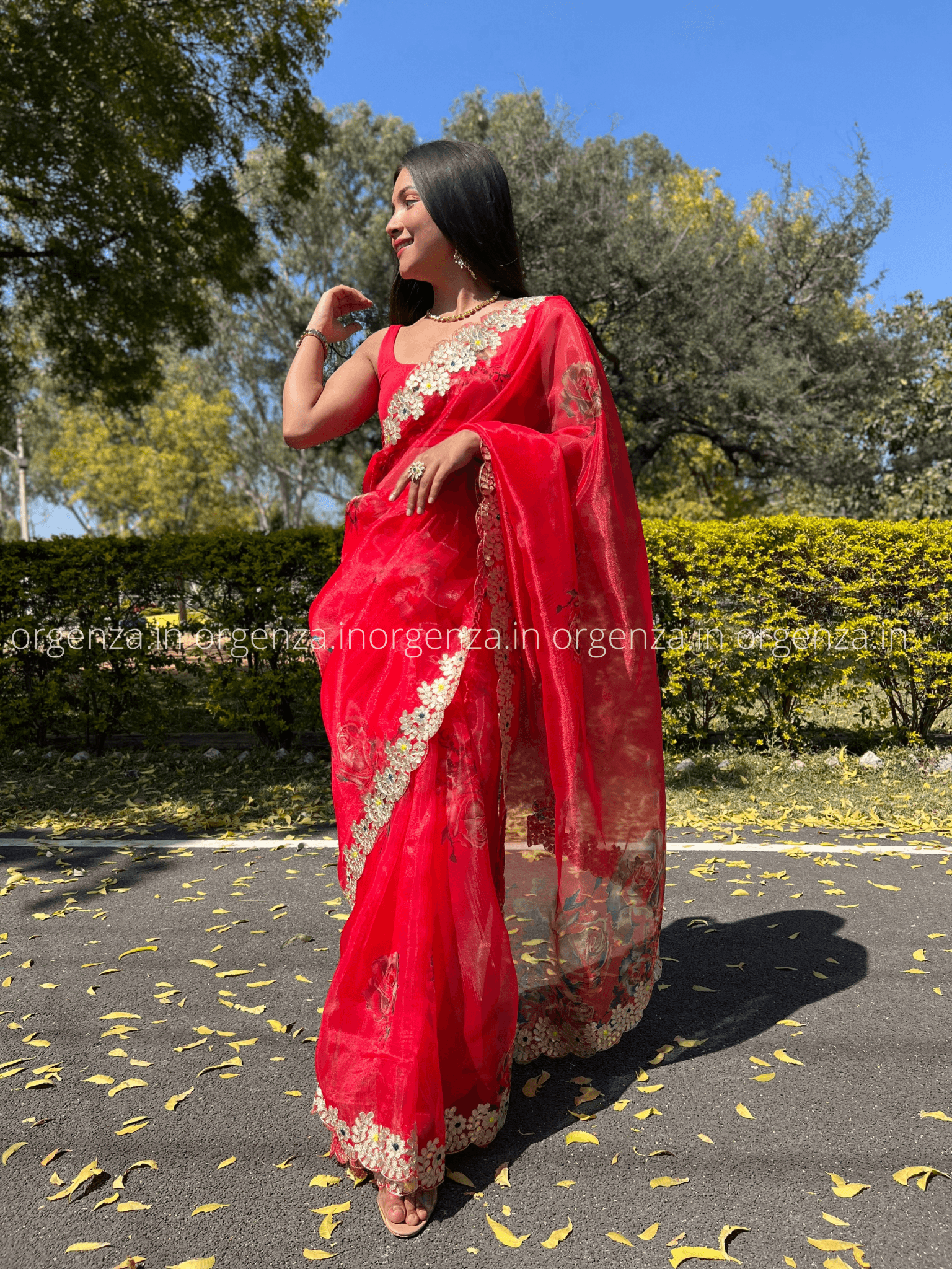 Red Organza With Gota Patti Border - Orgenza Store