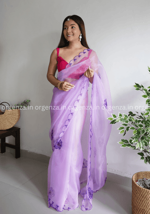 Lavender Colour Organza With Flower Gotta Work - Orgenza Store - digisoch