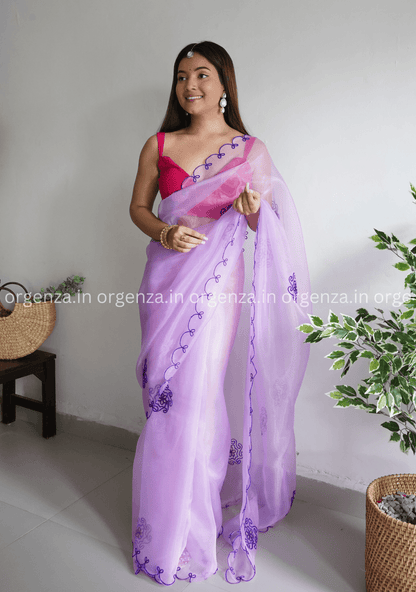 Lavender Colour Organza With Flower Gotta Work - Orgenza Store