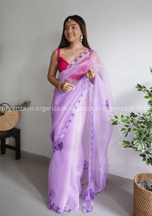 Lavender Colour Organza With Flower Gotta Work - Orgenza Store