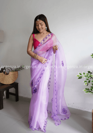 Lavender Colour Organza With Flower Gotta Work - Orgenza Store - digisoch