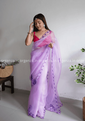 Lavender Colour Organza With Flower Gotta Work - Orgenza Store - digisoch