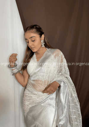 White Organza Weaving Saree With Sequence Work - Orgenza Store