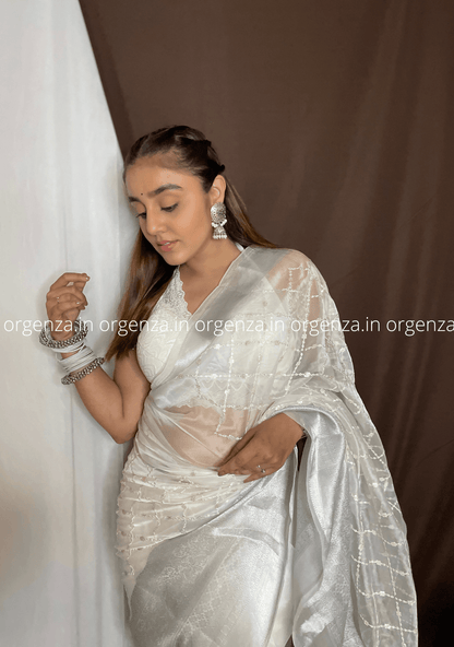 White Organza Weaving Saree With Sequence Work - Orgenza Store